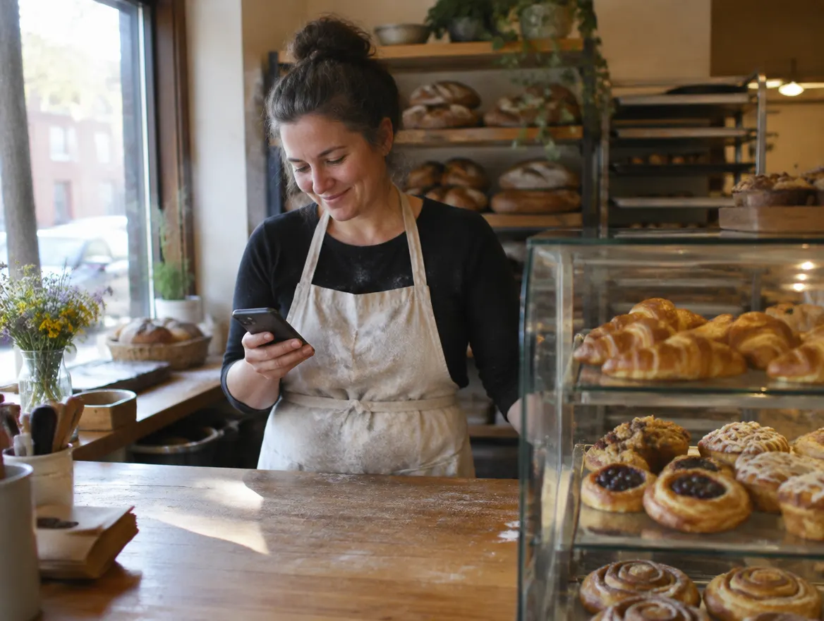 A bakery owner behind her counter checking her phone