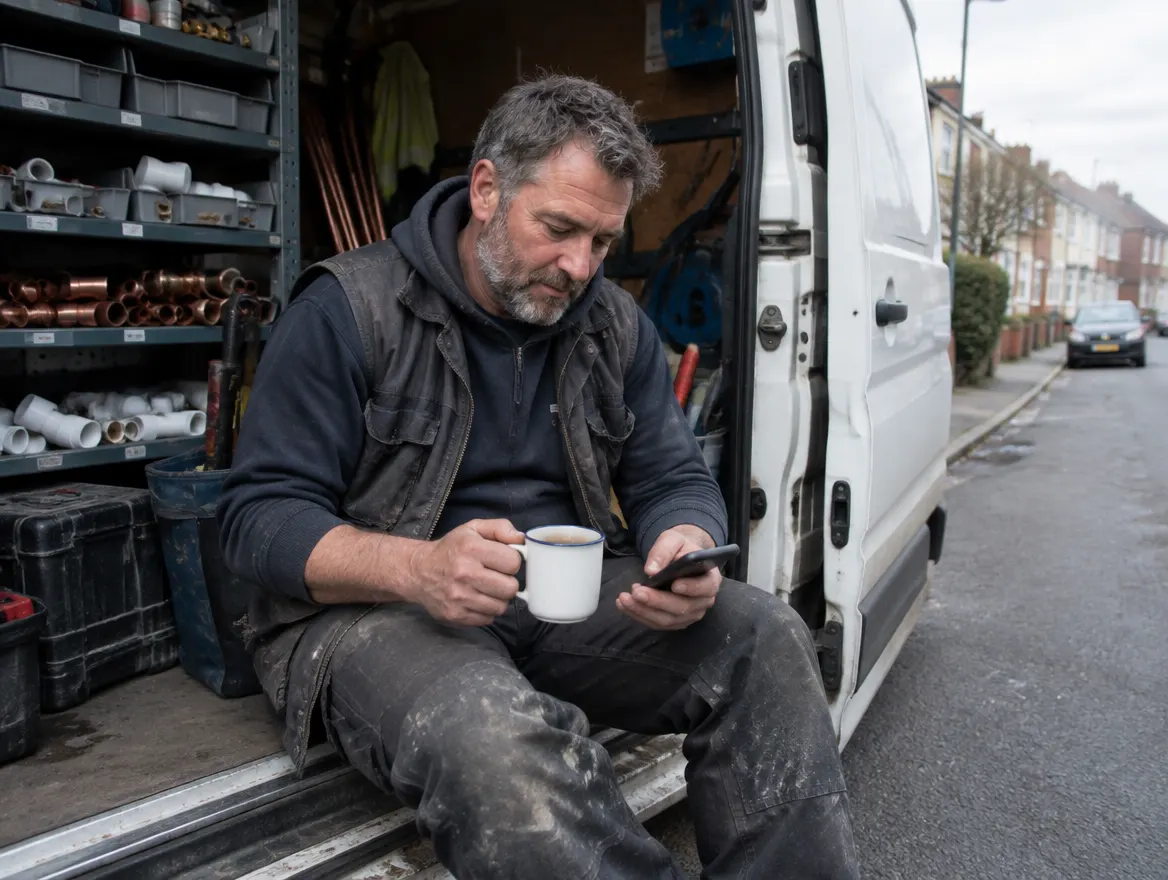 A plumber having coffee in his van, checking his phone between jobs