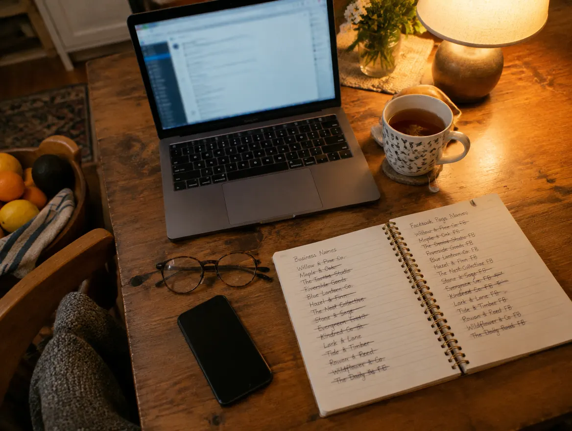 A kitchen table with a laptop, tea and a notebook listing business Facebook Pages, crossed off one by one